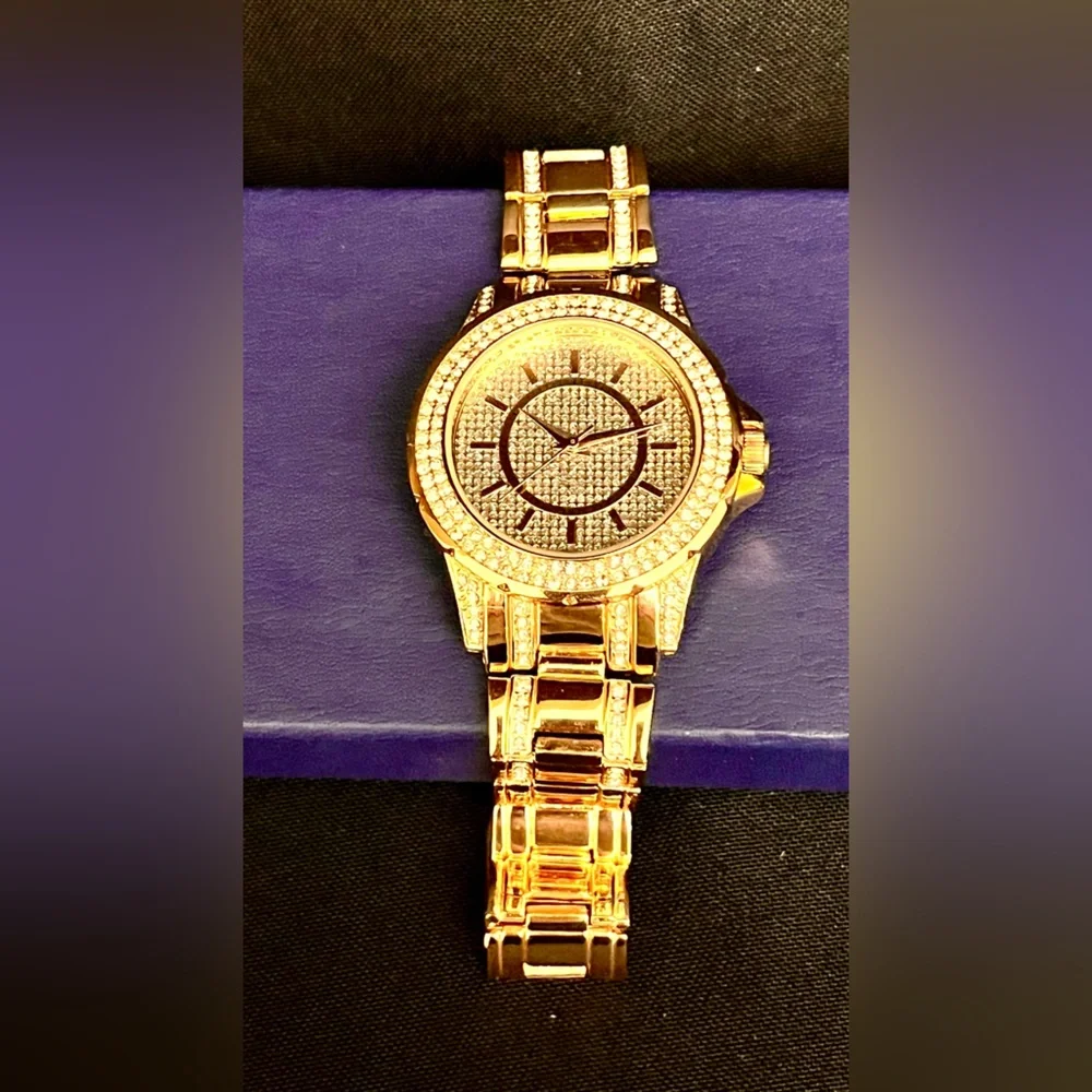 FMDAL Oversized Gold Glitz Watch Iced Out Pavé Rhinestone Statement Bling Glam